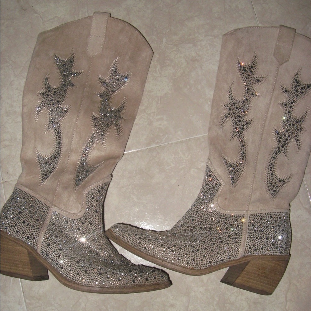 Tan and silver rhinestone cowboy boots